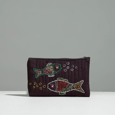 Brown - Gamcha Fabric Hand Embroidered Jewelry Pouch