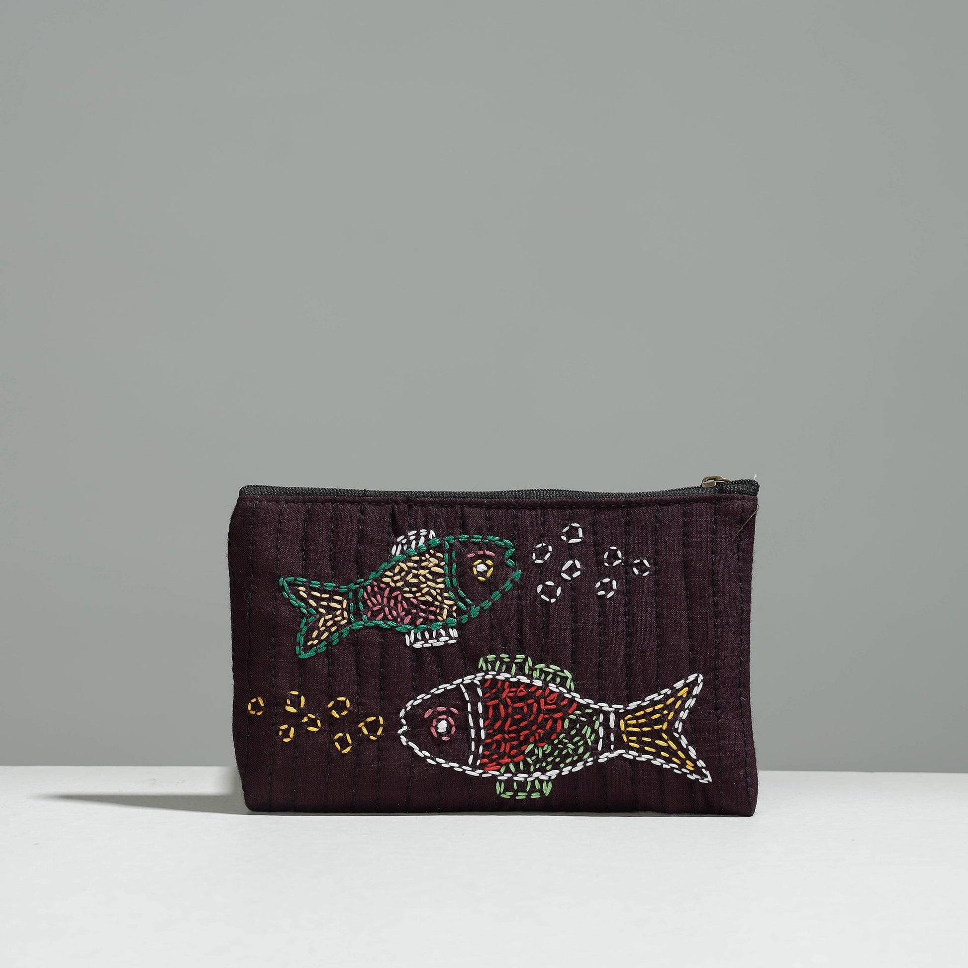 Brown - Gamcha Fabric Hand Embroidered Jewelry Pouch