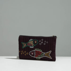 Brown - Gamcha Fabric Hand Embroidered Jewelry Pouch