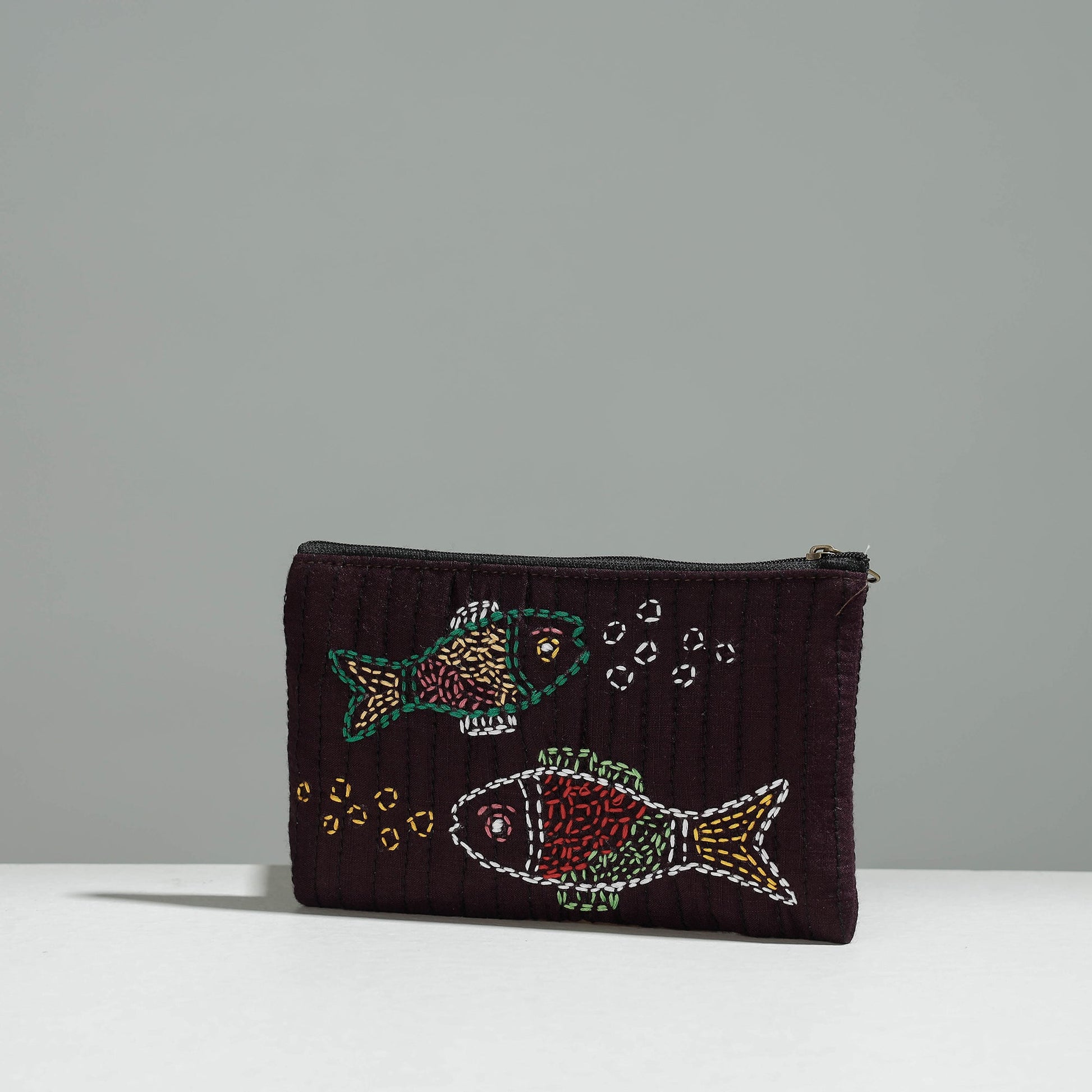 Brown - Gamcha Fabric Hand Embroidered Jewelry Pouch