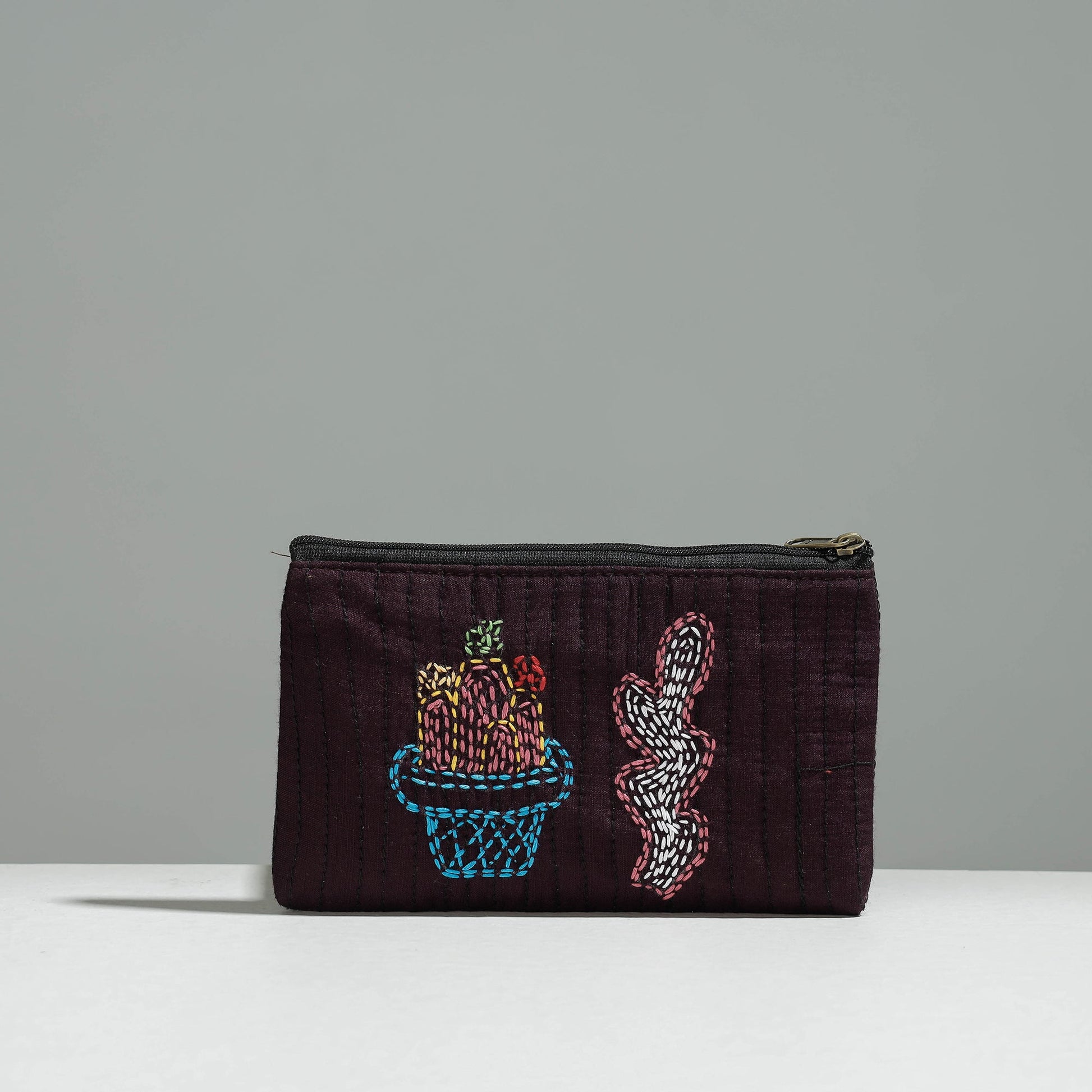 Brown - Gamcha Fabric Hand Embroidered Jewelry Pouch