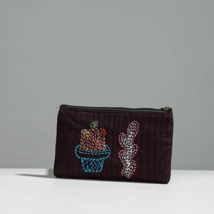 Brown - Gamcha Fabric Hand Embroidered Jewelry Pouch