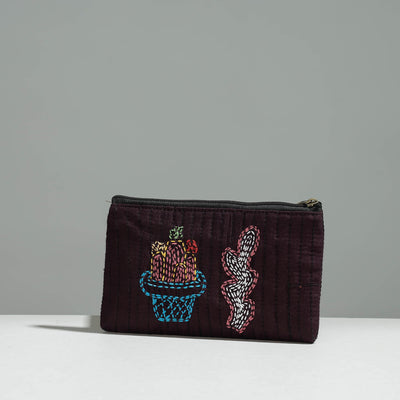 Brown - Gamcha Fabric Hand Embroidered Jewelry Pouch