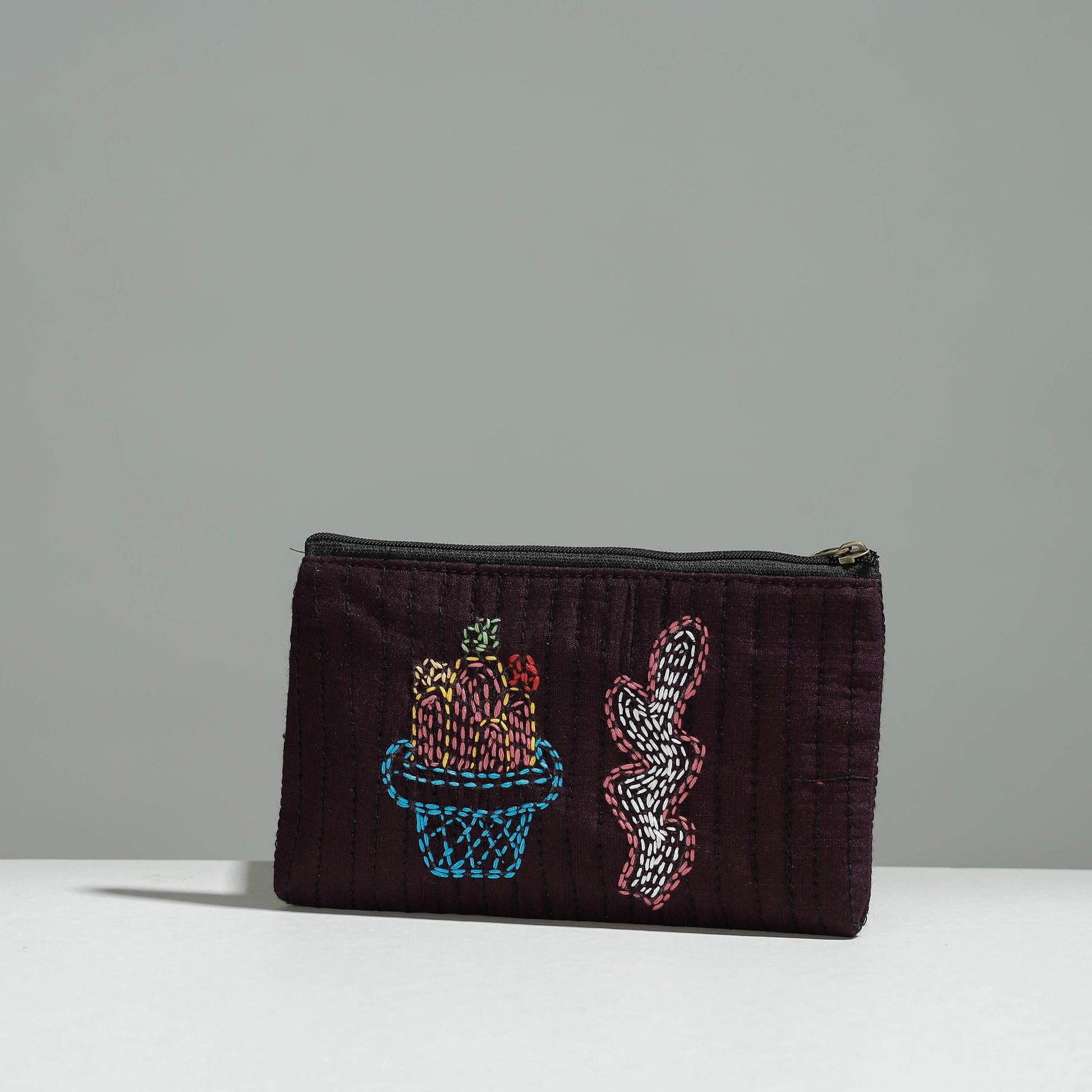 Brown - Gamcha Fabric Hand Embroidered Jewelry Pouch