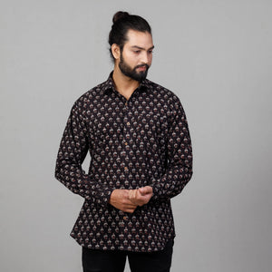 Black - Ajrakh Block Printed Cotton Men Full Sleeve Shirt