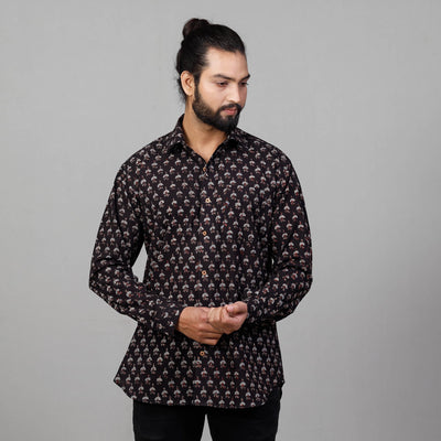 Black - Ajrakh Block Printed Cotton Men Full Sleeve Shirt