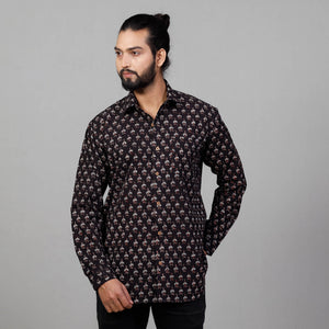 Black - Ajrakh Block Printed Cotton Men Full Sleeve Shirt