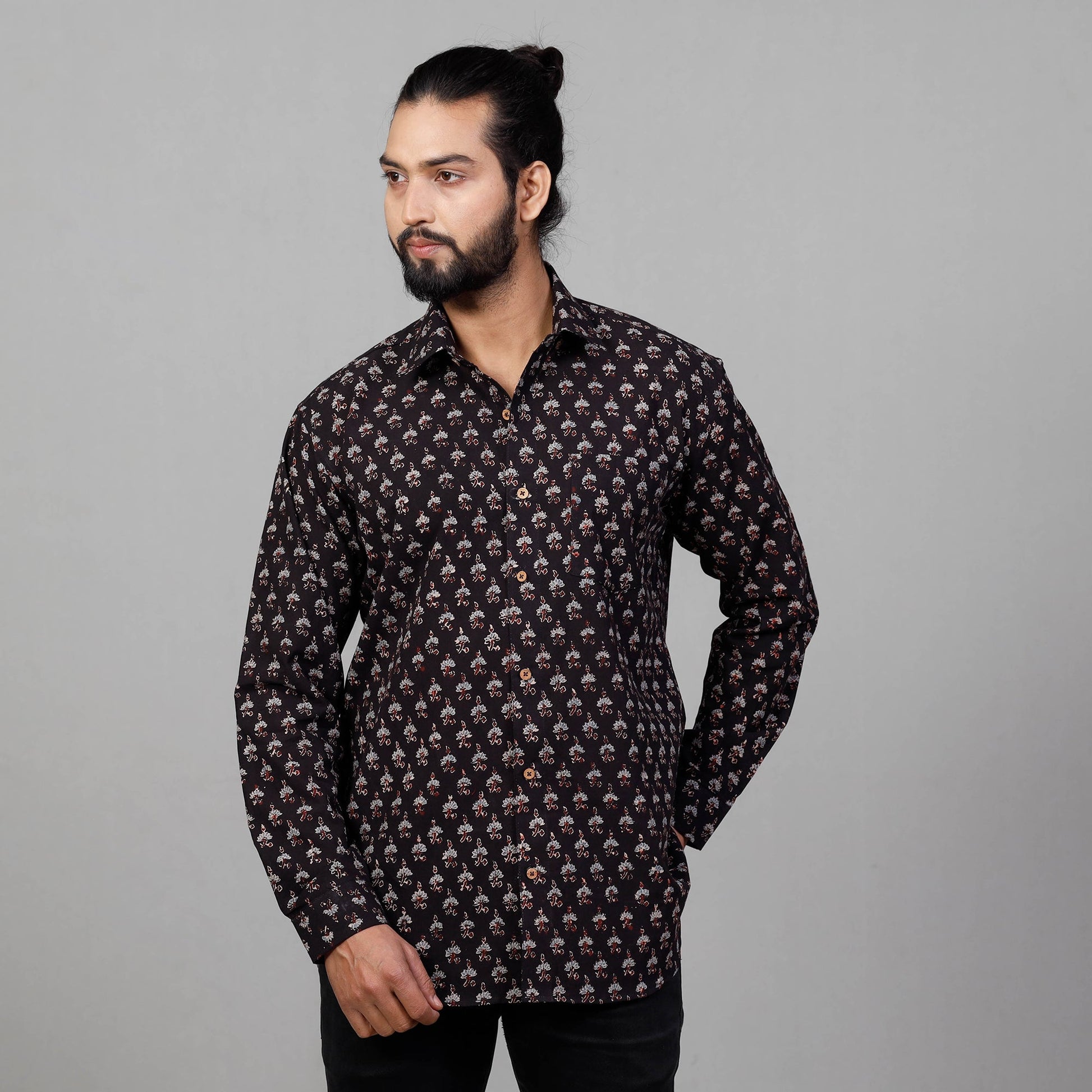 Black - Ajrakh Block Printed Cotton Men Full Sleeve Shirt