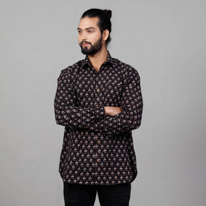 Black - Ajrakh Block Printed Cotton Men Full Sleeve Shirt
