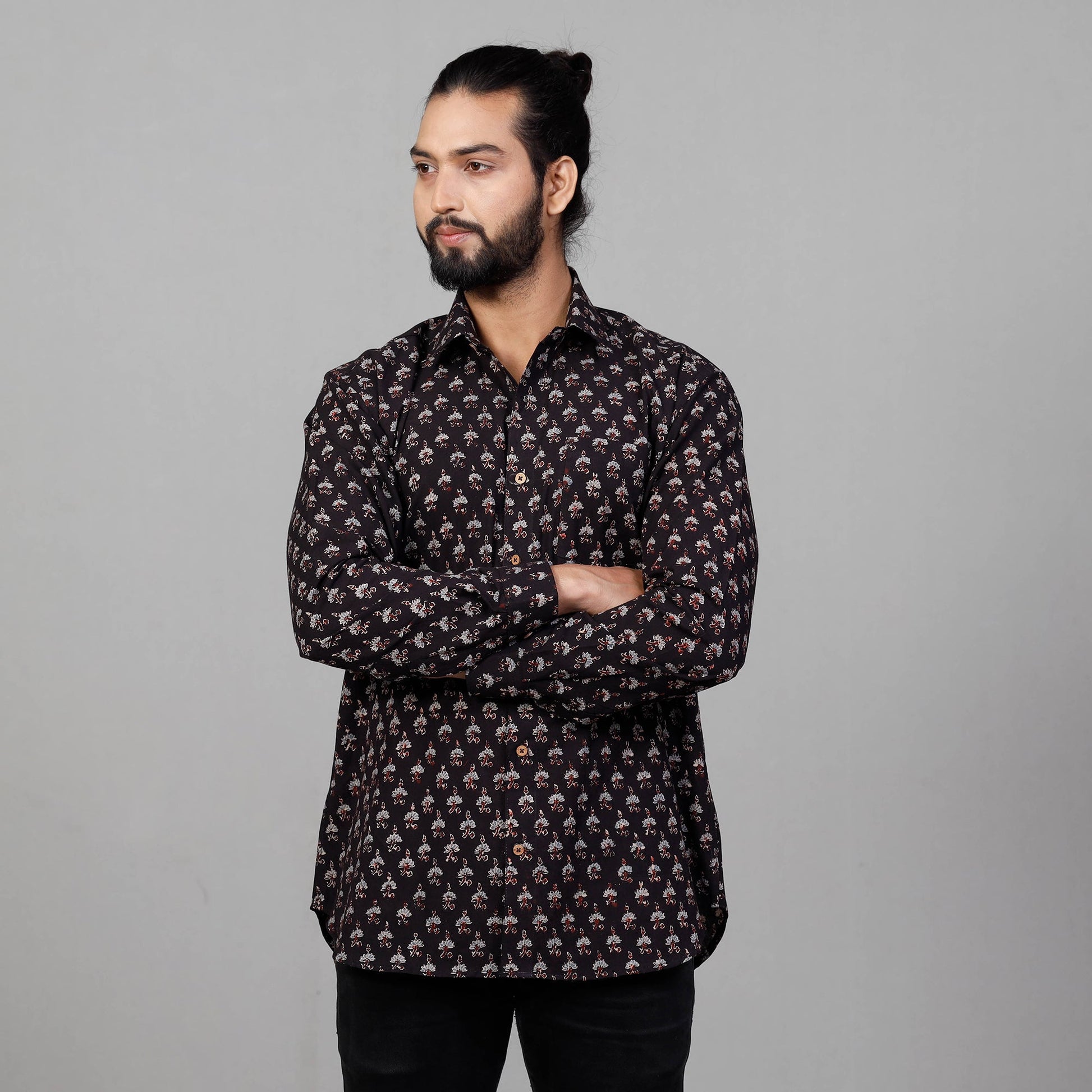 Black - Ajrakh Block Printed Cotton Men Full Sleeve Shirt