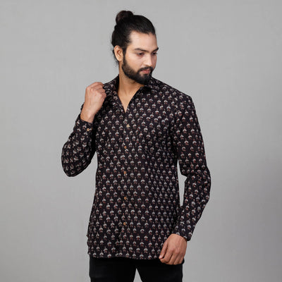 Black - Ajrakh Block Printed Cotton Men Full Sleeve Shirt