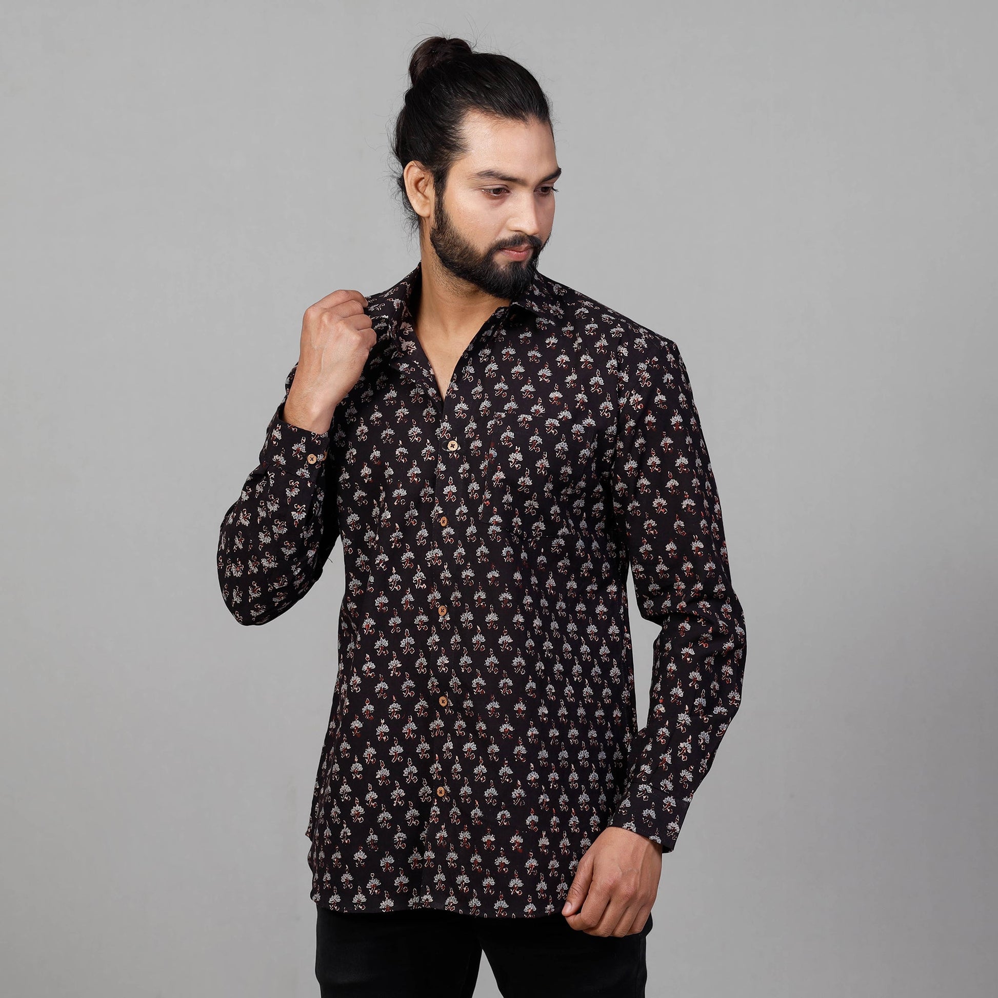 Black - Ajrakh Block Printed Cotton Men Full Sleeve Shirt