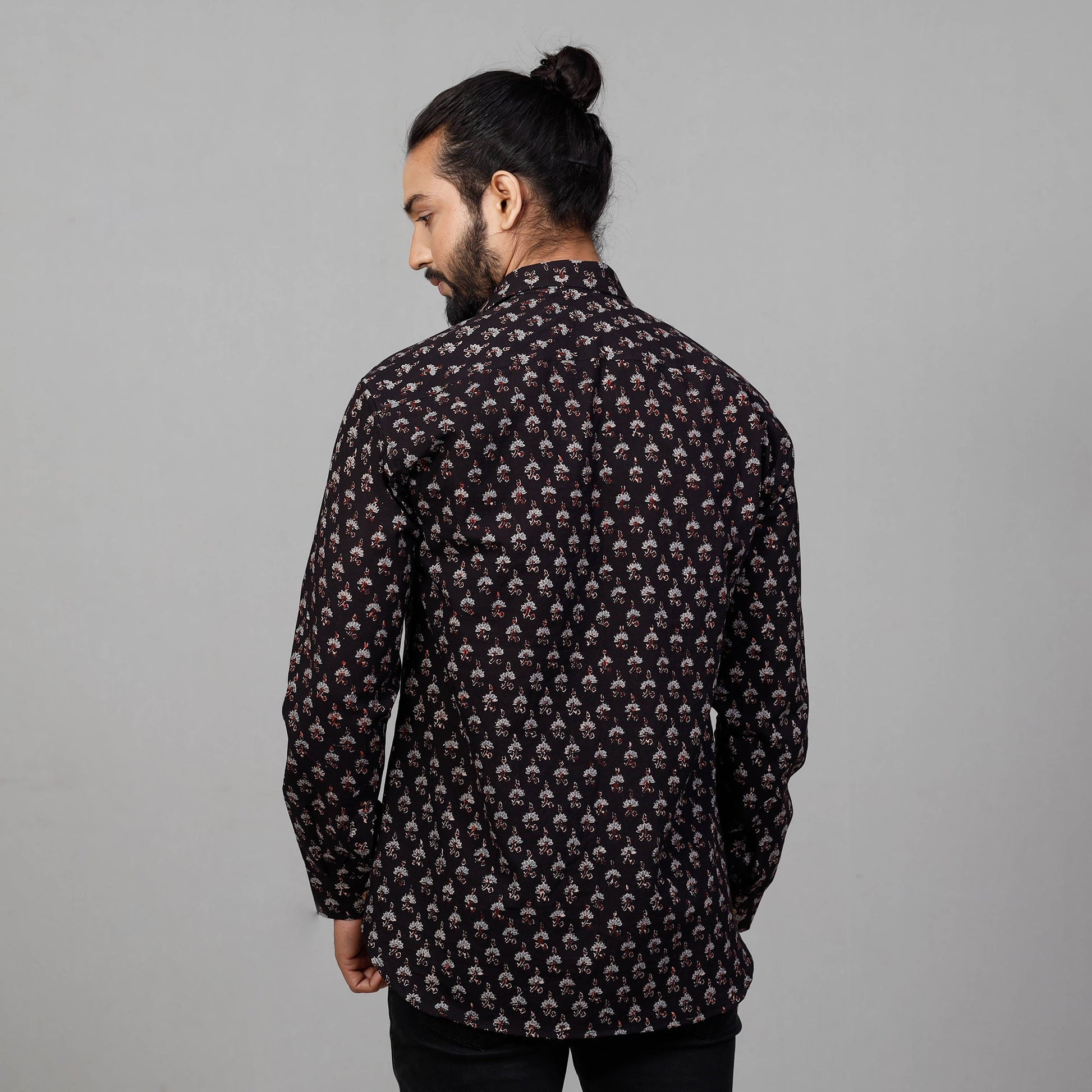 Black - Ajrakh Block Printed Cotton Men Full Sleeve Shirt