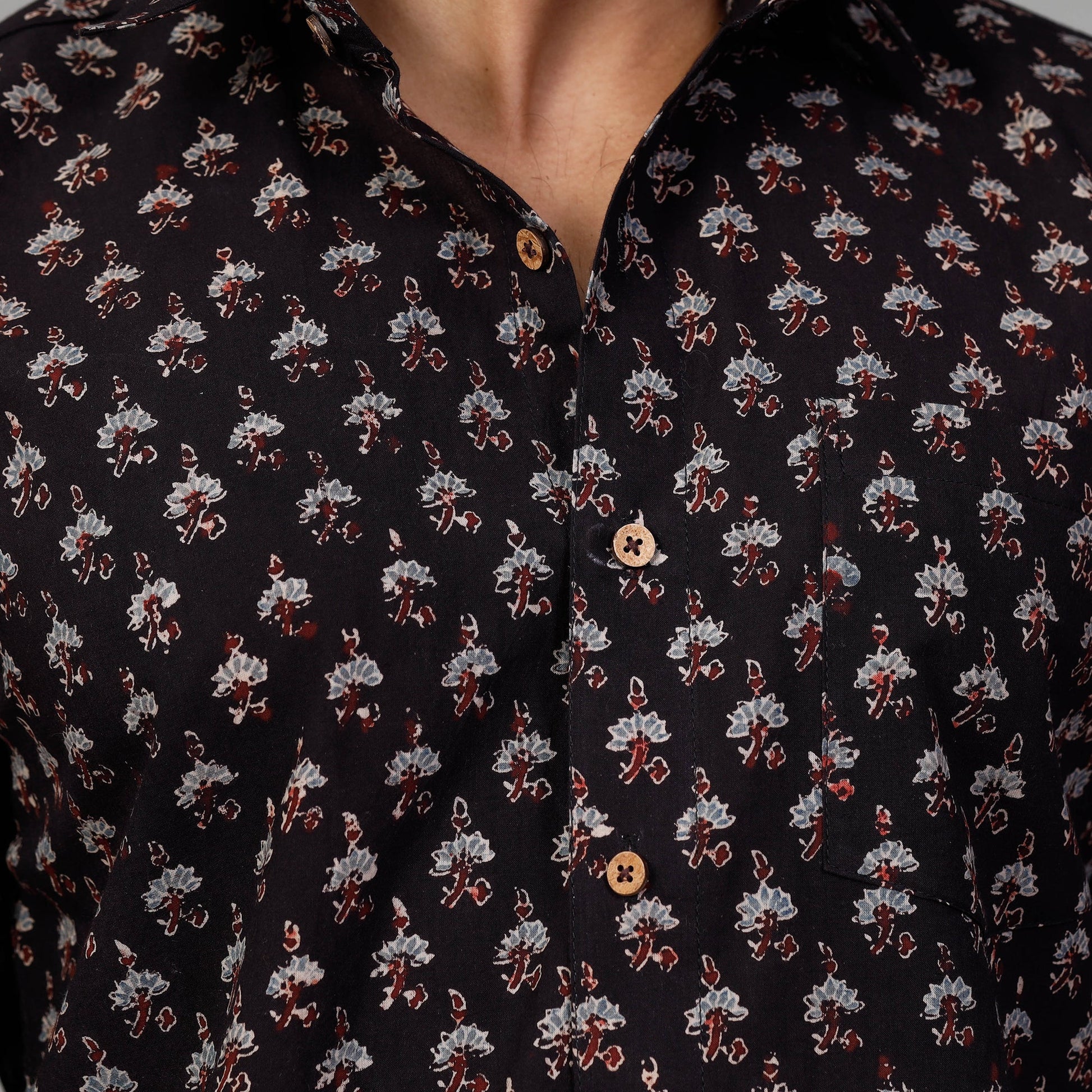Black - Ajrakh Block Printed Cotton Men Full Sleeve Shirt