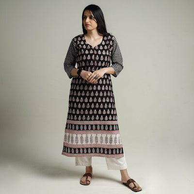 Black - Block Print Cotton Straight Bagh Kurta