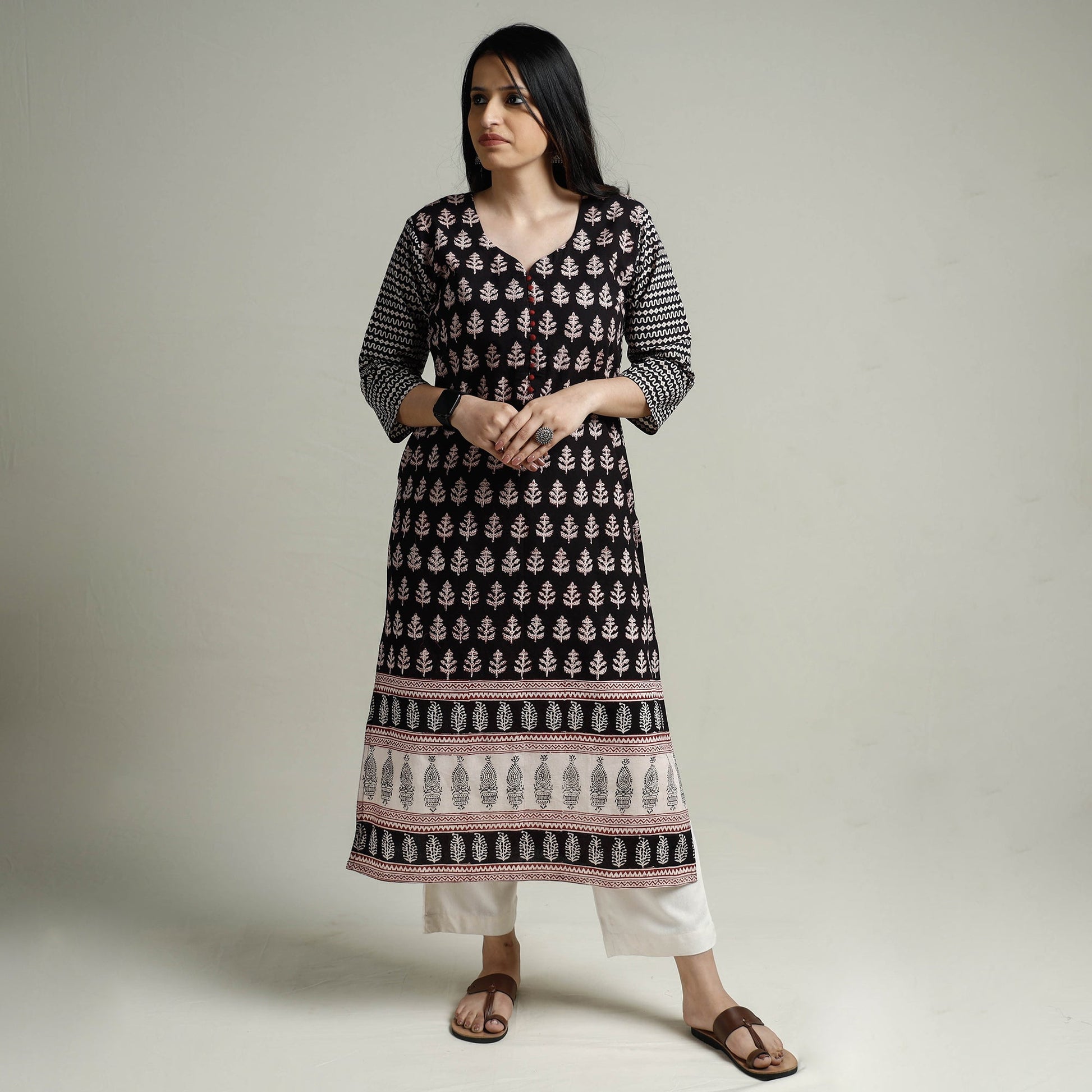 Black - Block Print Cotton Straight Bagh Kurta