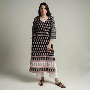 Black - Block Print Cotton Straight Bagh Kurta