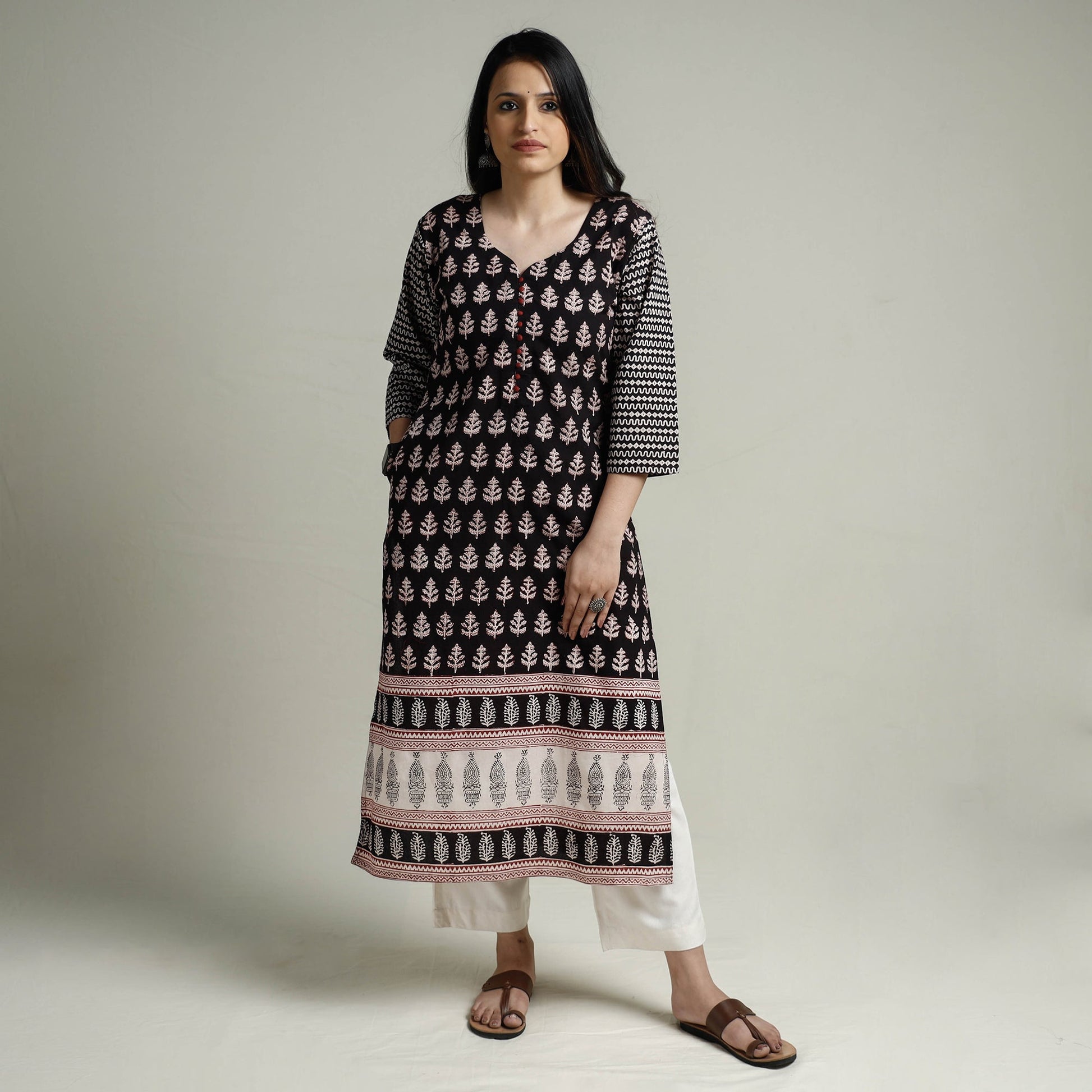 Black - Block Print Cotton Straight Bagh Kurta