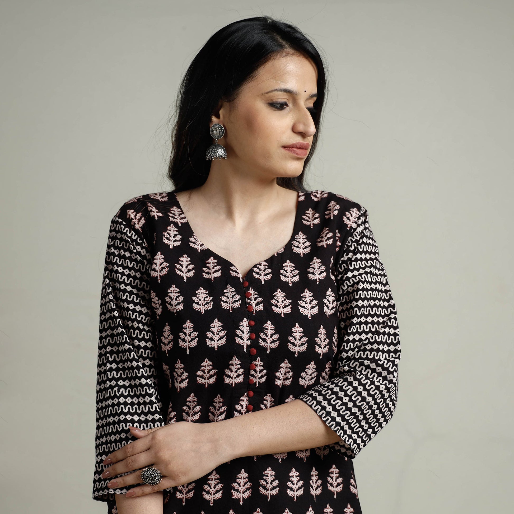 Black - Block Print Cotton Straight Bagh Kurta