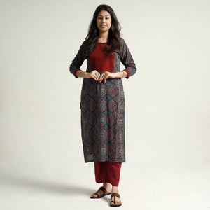 Blue - Ajrakh Block Printed Cotton Kurta with Palazzo Set