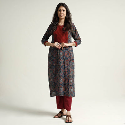 Blue - Ajrakh Block Printed Cotton Kurta with Palazzo Set
