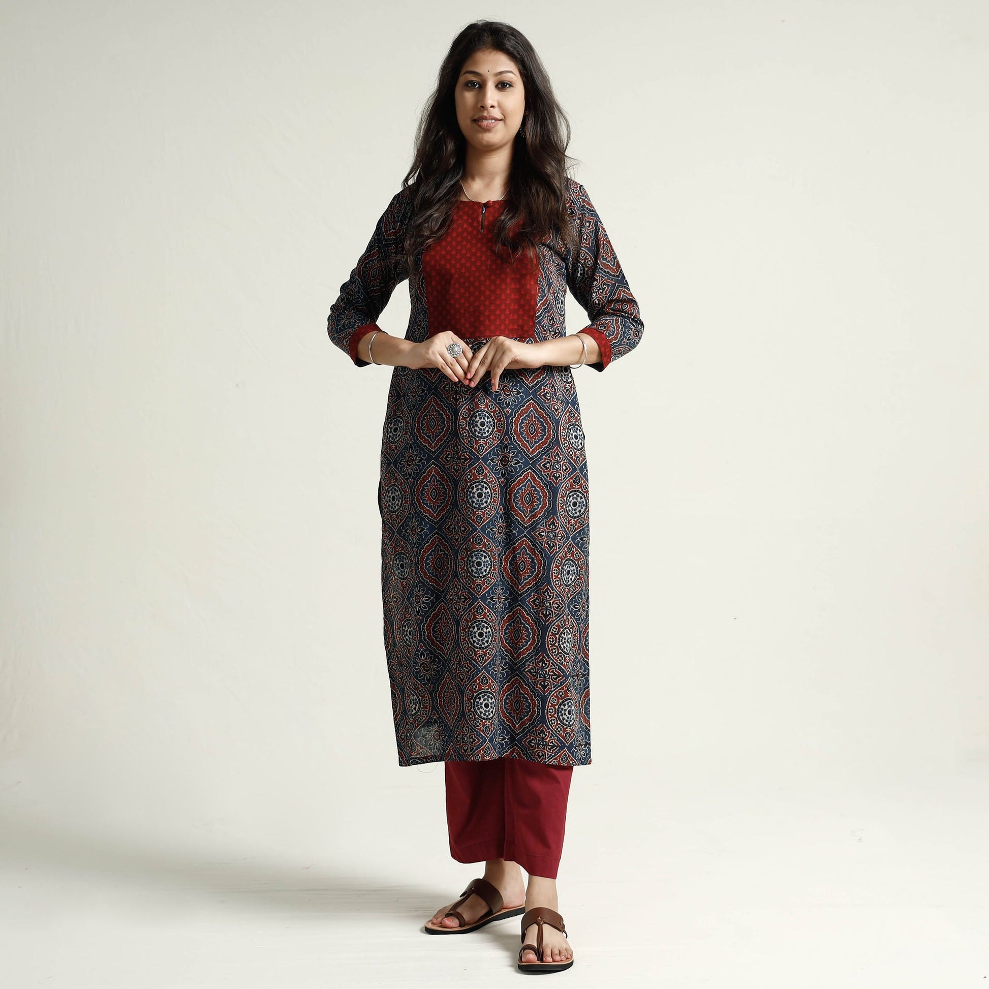Blue - Ajrakh Block Printed Cotton Kurta with Palazzo Set