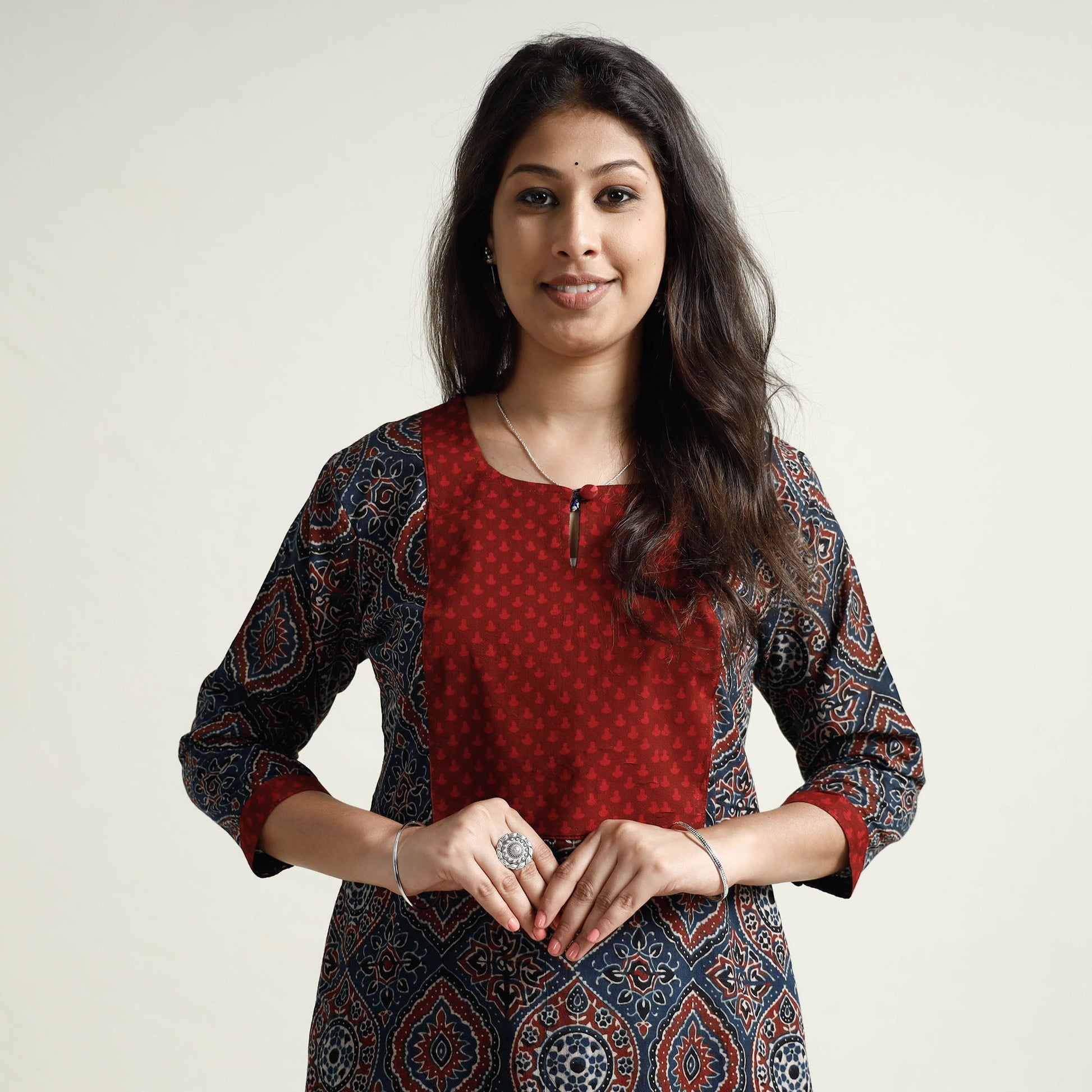 Blue - Ajrakh Block Printed Cotton Kurta with Palazzo Set