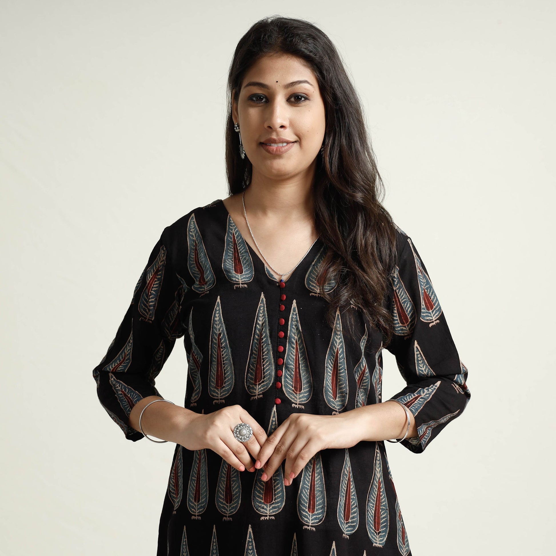 Black - Ajrakh Block Printed Cotton Kurta with Palazzo Set