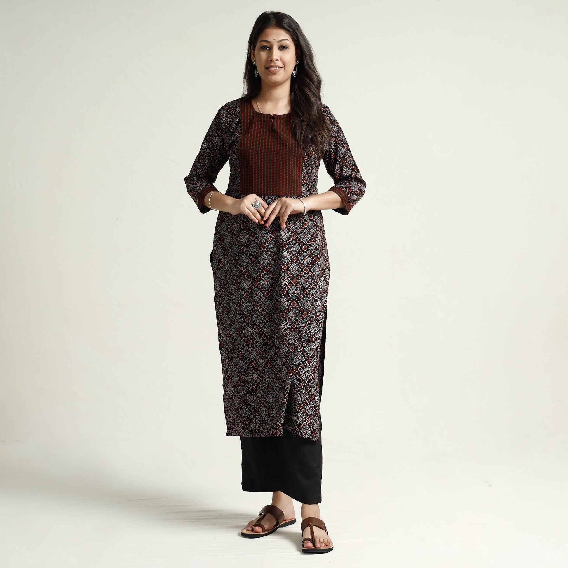 Black - Ajrakh Block Printed Cotton Kurta with Palazzo Set