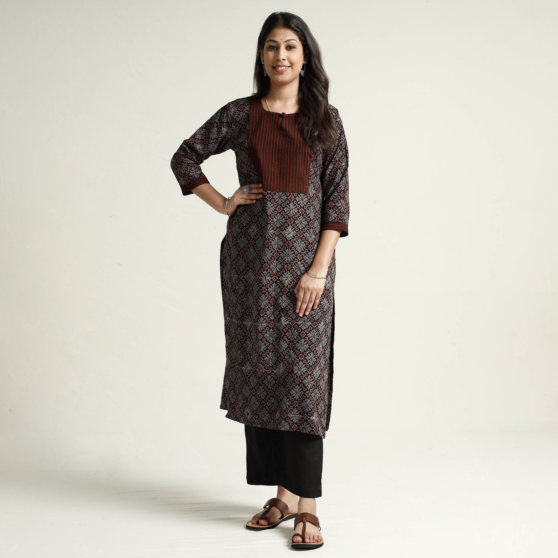 Black - Ajrakh Block Printed Cotton Kurta with Palazzo Set