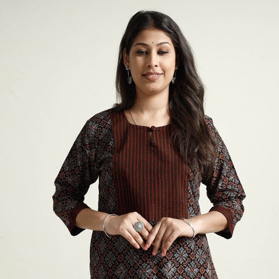 Black - Ajrakh Block Printed Cotton Kurta with Palazzo Set