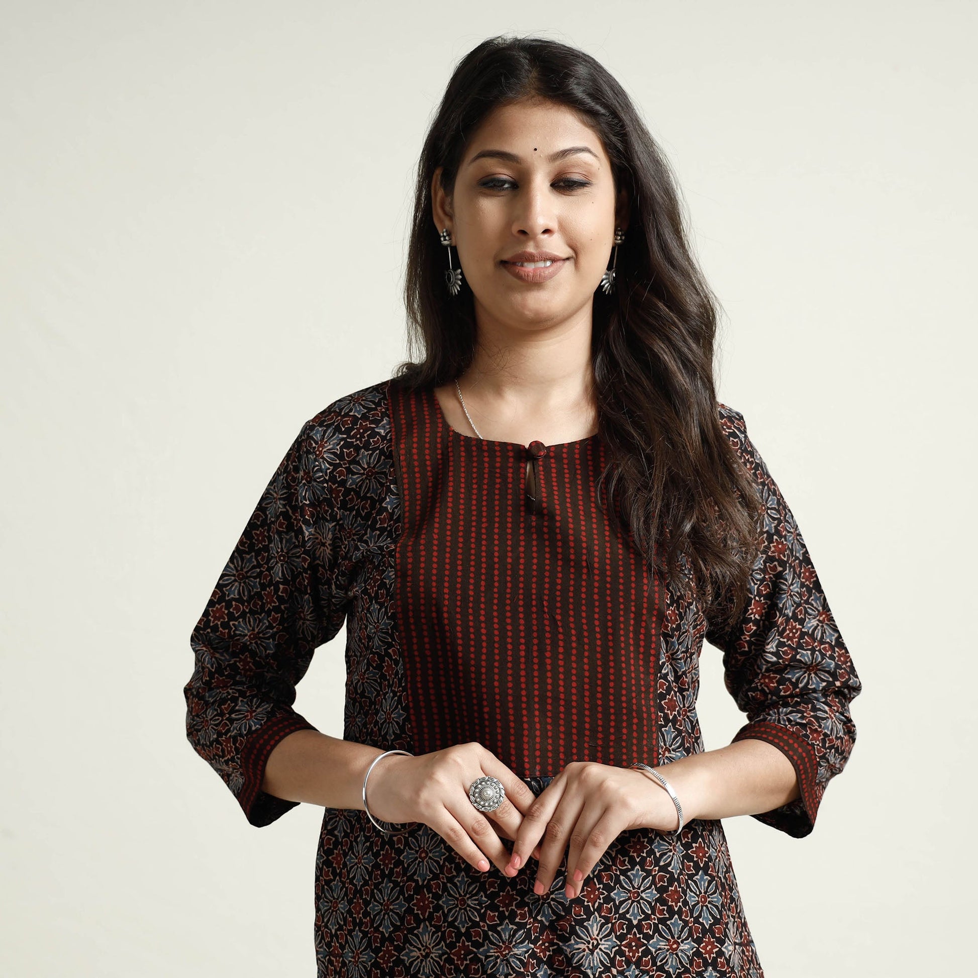 Black - Ajrakh Block Printed Cotton Kurta with Palazzo Set