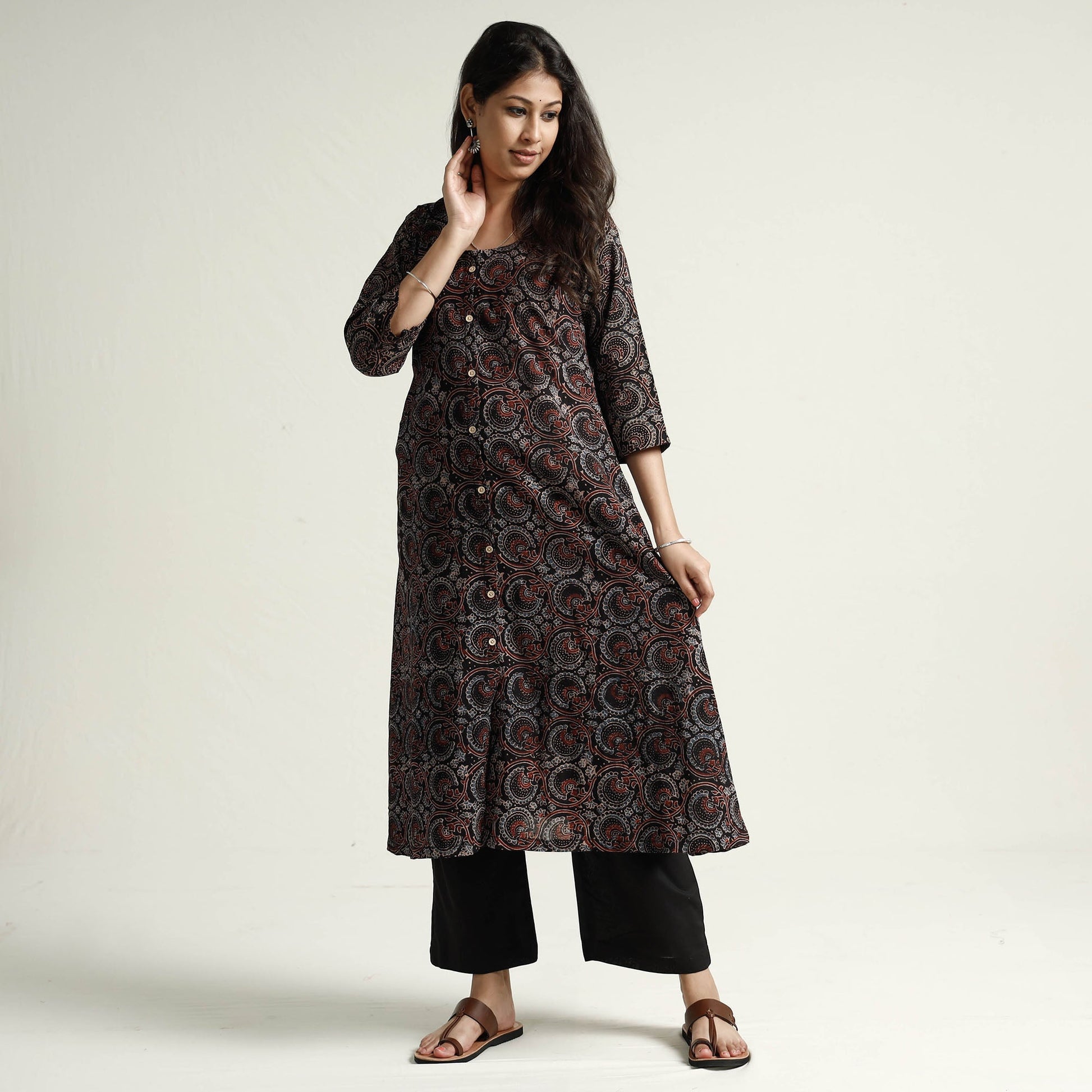 Black - Ajrakh Block Printed Cotton Kurta with Palazzo Set