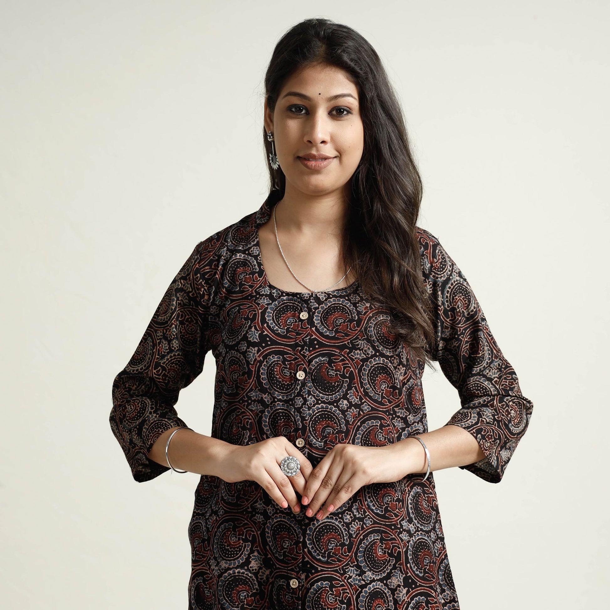 Black - Ajrakh Block Printed Cotton Kurta with Palazzo Set