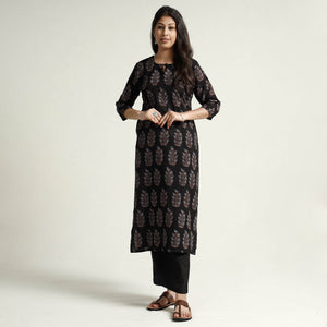 Black - Ajrakh Block Printed Cotton Kurta with Palazzo Set