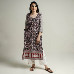 Black - Block Print Cotton Straight Bagh Kurta