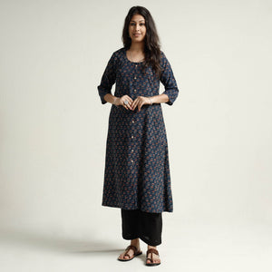 Blue - Ajrakh Block Printed Cotton Kurta with Palazzo Set
