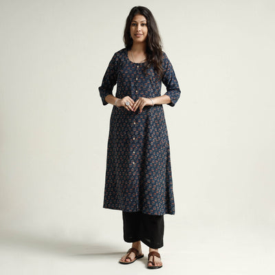 Blue - Ajrakh Block Printed Cotton Kurta with Palazzo Set