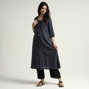 Blue - Ajrakh Block Printed Cotton Kurta with Palazzo Set