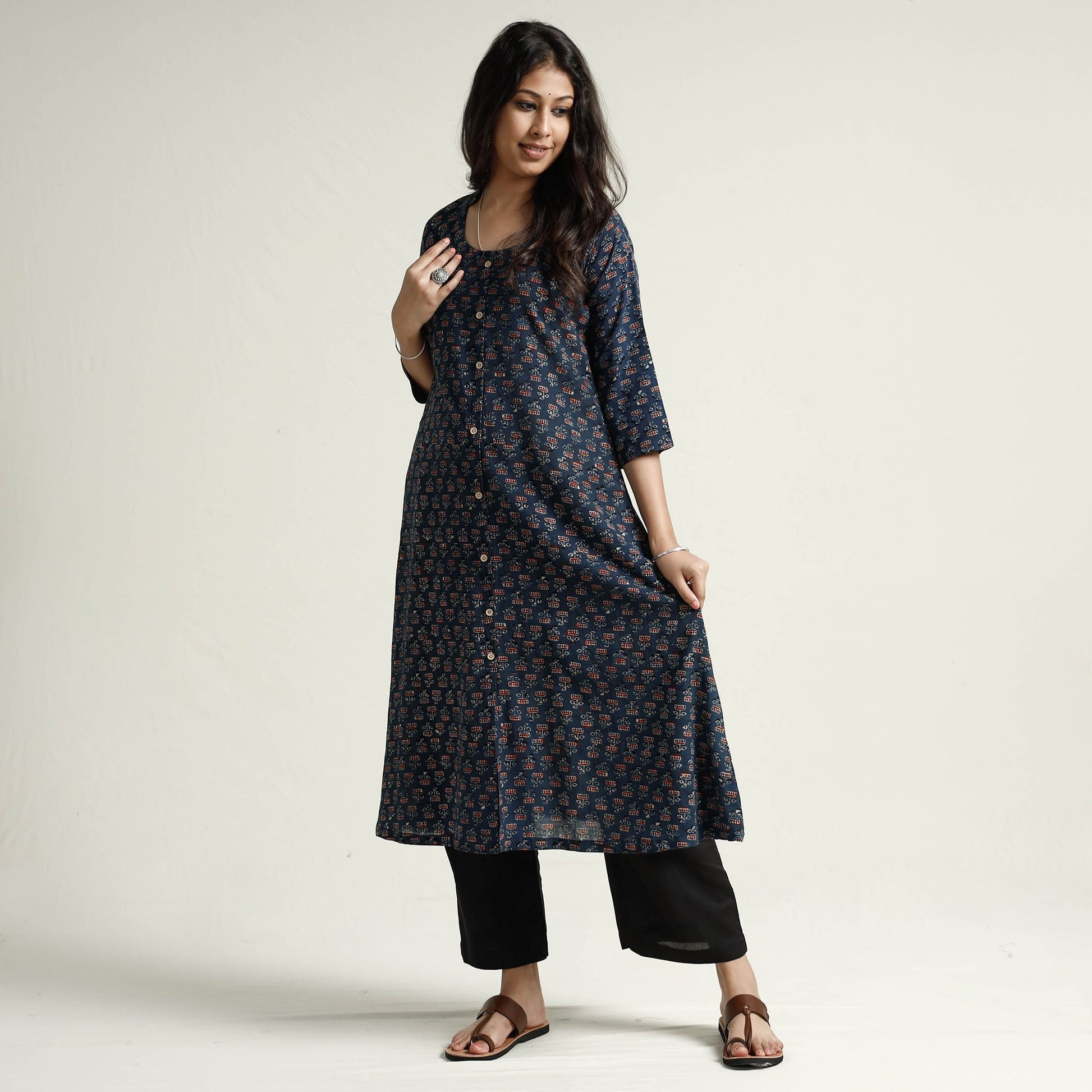 Blue - Ajrakh Block Printed Cotton Kurta with Palazzo Set