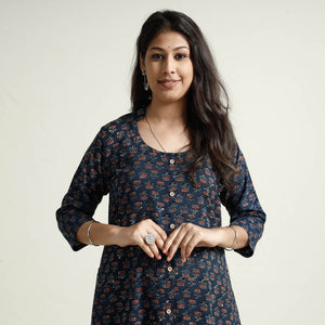 Blue - Ajrakh Block Printed Cotton Kurta with Palazzo Set