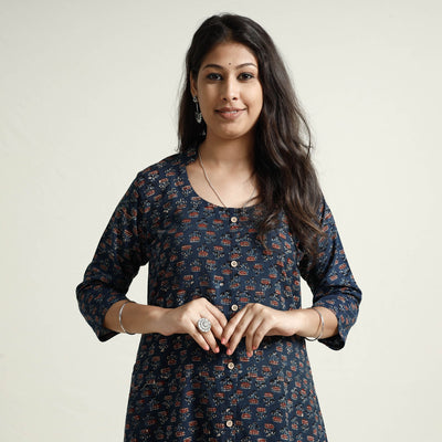 Blue - Ajrakh Block Printed Cotton Kurta with Palazzo Set