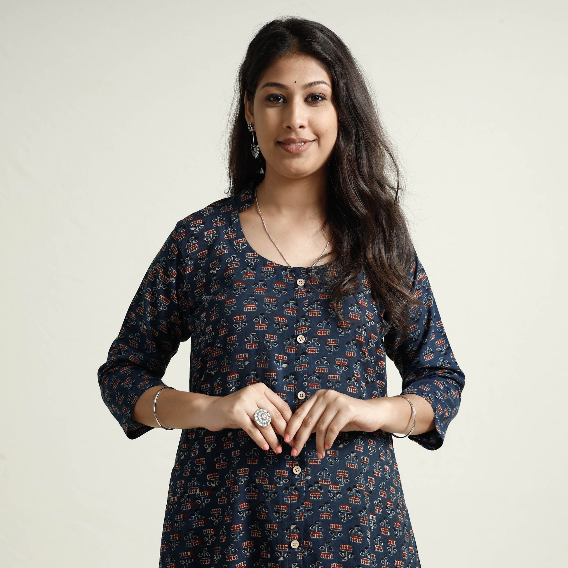 Blue - Ajrakh Block Printed Cotton Kurta with Palazzo Set