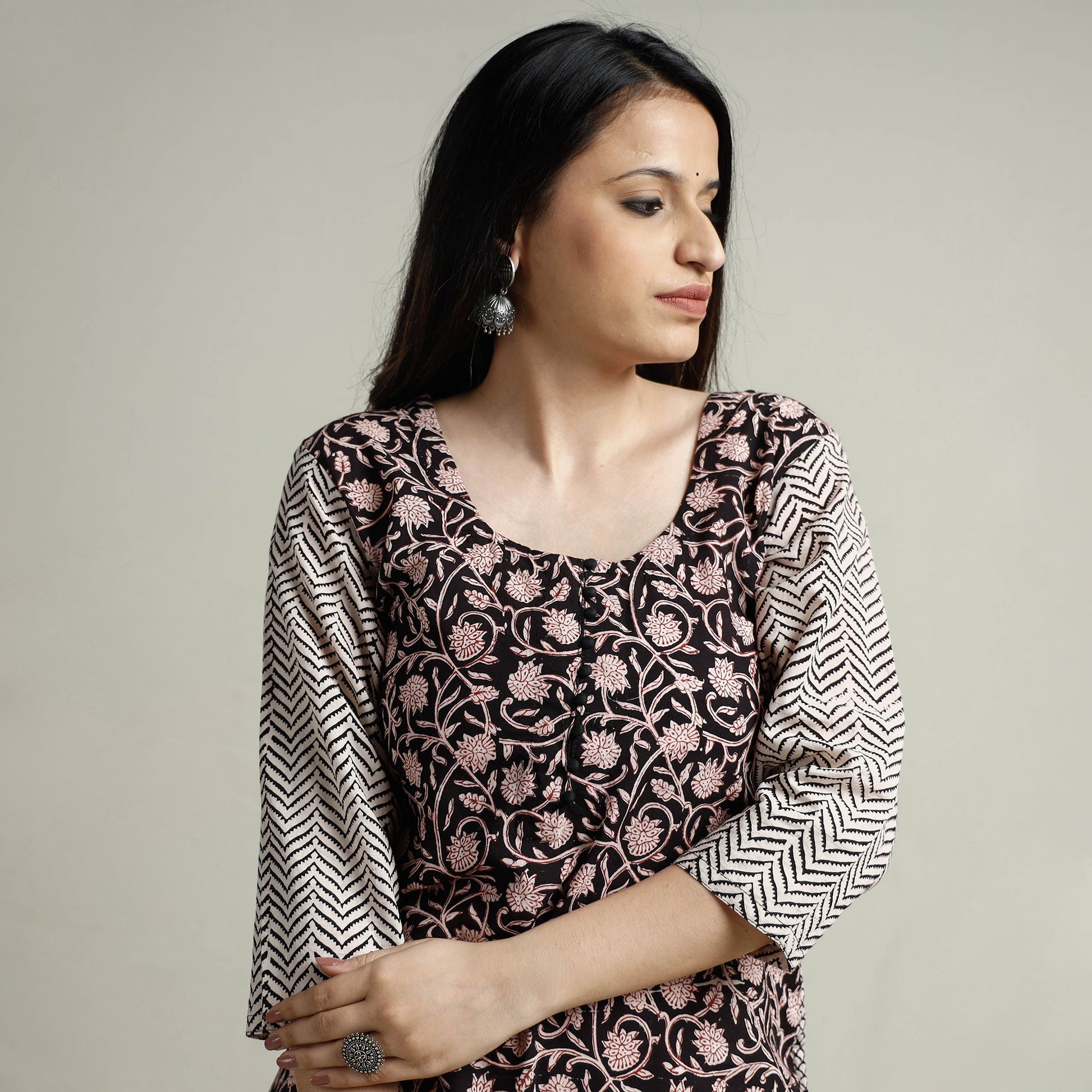 Black - Block Print Cotton Straight Bagh Kurta