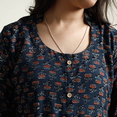 Blue - Ajrakh Block Printed Cotton Kurta with Palazzo Set