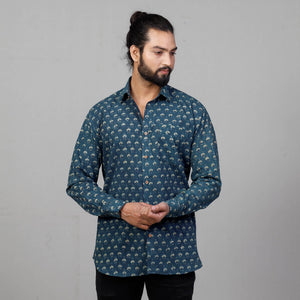 Blue - Ajrakh Block Printed Cotton Men Full Sleeve Shirt