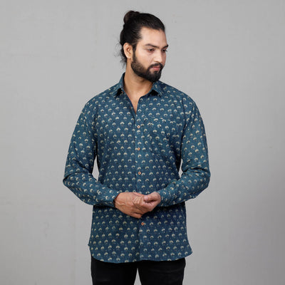 Blue - Ajrakh Block Printed Cotton Men Full Sleeve Shirt