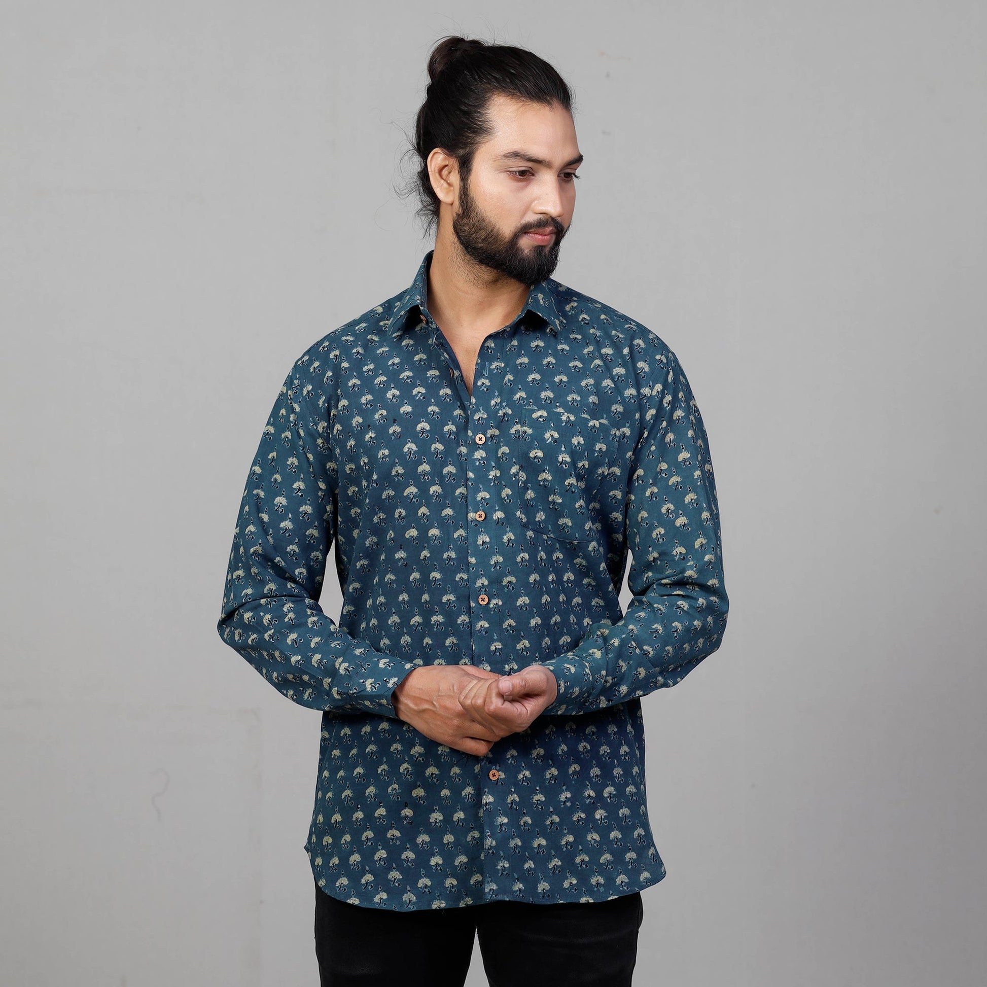 Blue - Ajrakh Block Printed Cotton Men Full Sleeve Shirt