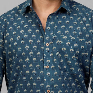 Blue - Ajrakh Block Printed Cotton Men Full Sleeve Shirt