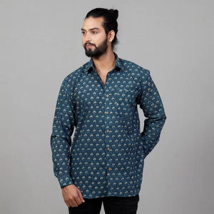 Blue - Ajrakh Block Printed Cotton Men Full Sleeve Shirt
